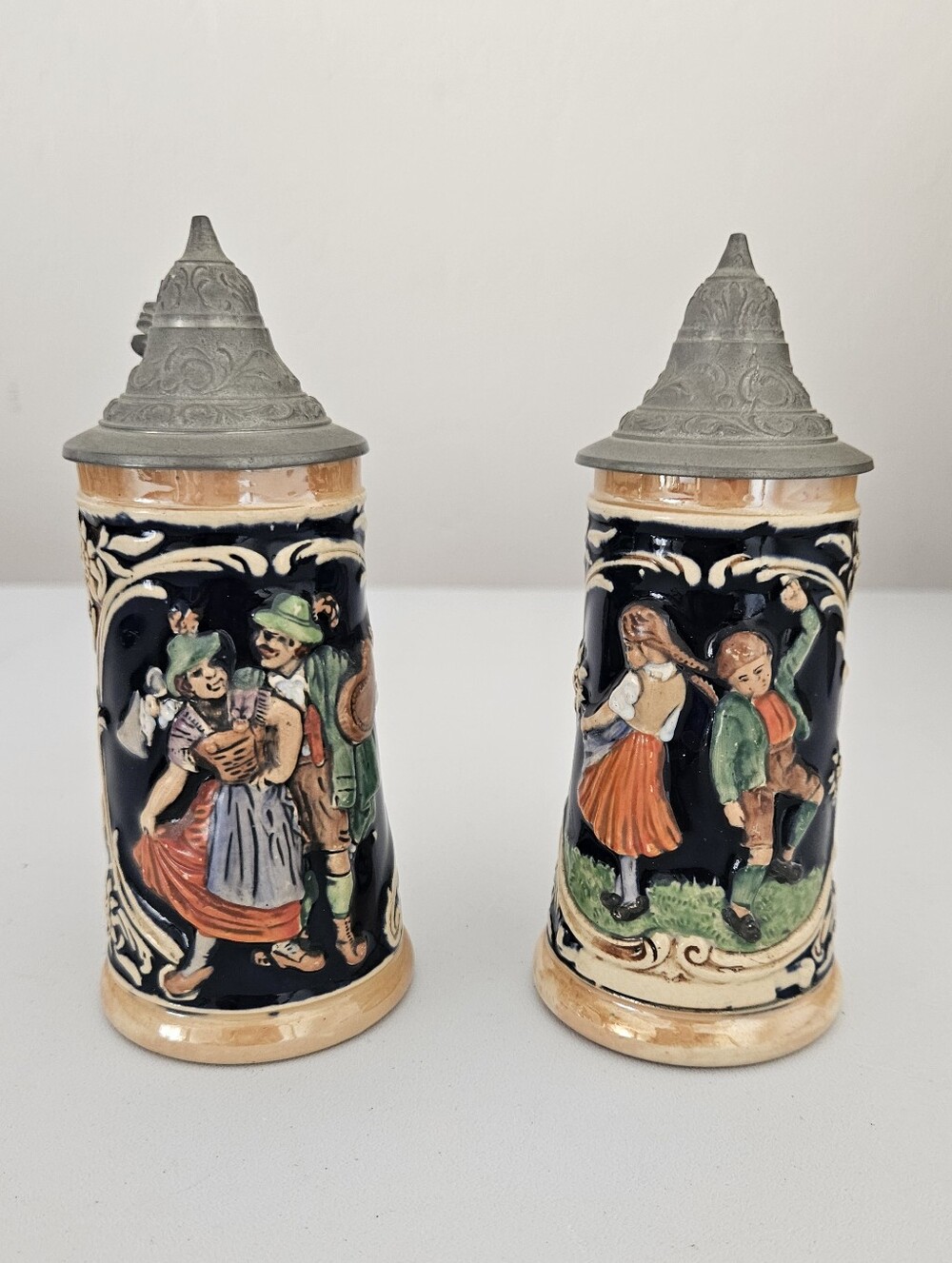 German Stoneware Bavarian Folk Cobalt Blue Steins Pewter Lids x 2 | SZ 5"